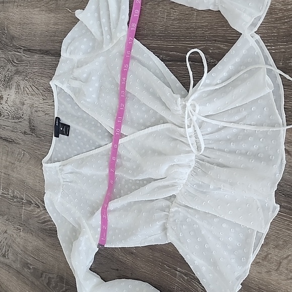 AQUA Swiss Clip Dot Semi-Sheer Bell Sleeve Faux Wrap Peplum Top White - Picture 5 of 8